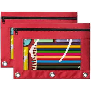 Pencil Pouch for 3 Ring Binder, 2 Pack Red 3-Holes Zipper Pencil Pouches, Sturdy and Durable Cloth Pencil Case with Clear Window for Office School College Supplies