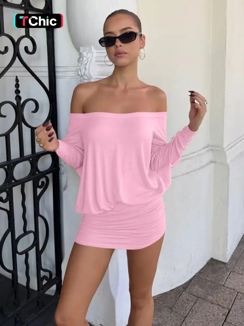 pink long sleeve dress off shoulder - TikTok Shop