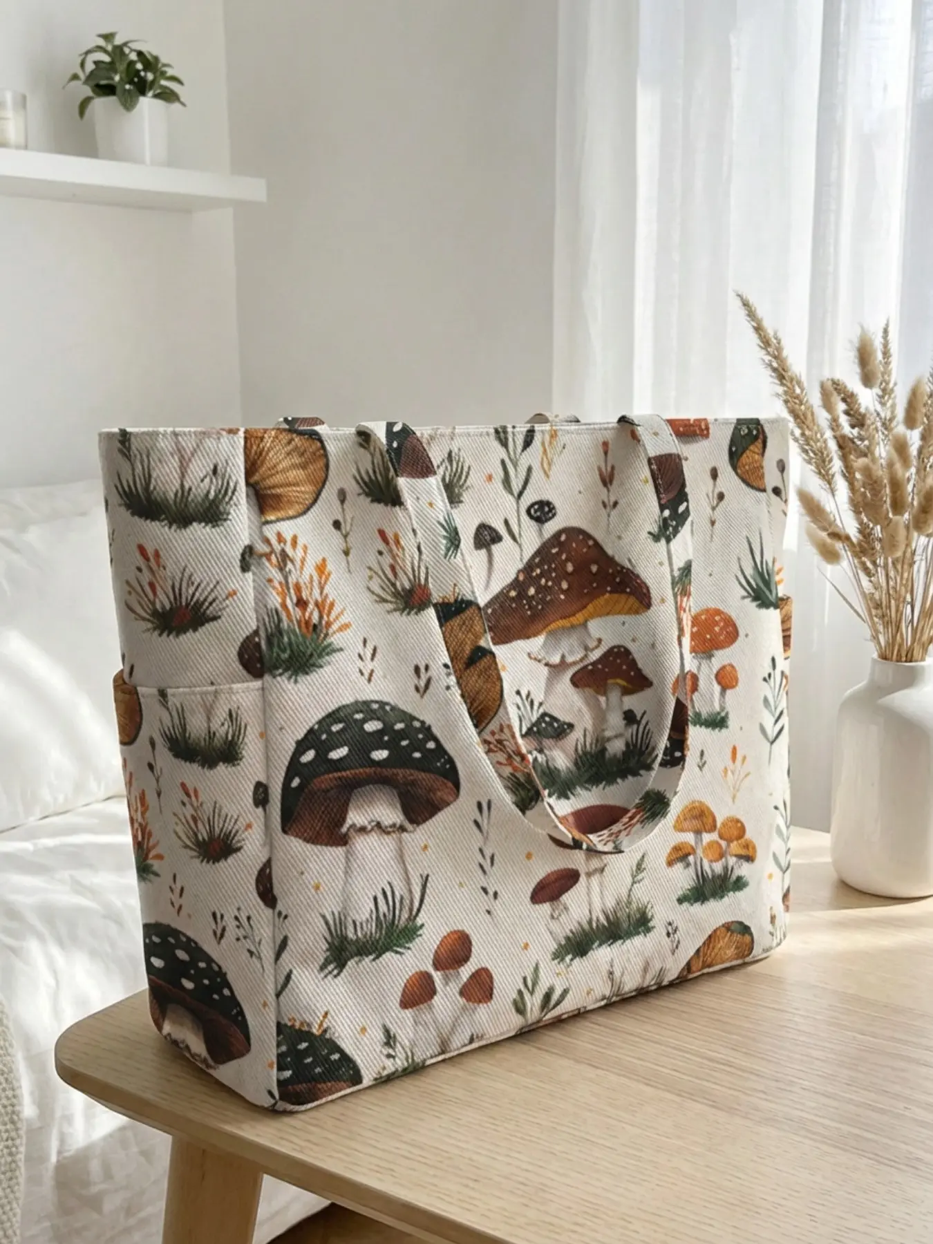 Mushroom Pattern 2D Printed Portable Travel Bag, Large Capacity Storage Bag, Durable Multi-Pocket Design, Zipper Closure, Casual Style, Travel Lightweight Outing Bag, Bag For Travel, Carrying Bag