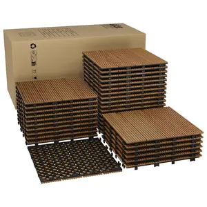 33 PCS Interlocking Deck Tiles, 12"X12" Solid Acacia Wood Flooring for Outdoor & Indoor, All Weather Waterproof Snap Together Patio Tiles for Balcony, Poolside, Deck,Brown