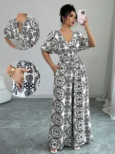 【Plus Size】 All Over Print Wide Leg Jumpsuit, Stylish Jumpsuit, Boho Casual V Neck Bishop Sleeve Jumpsuit for Daily Holiday Vacation Wear, Women's Plus Clothing for Summer