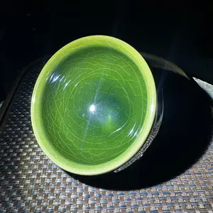 Green Crackle Glaze Tea Cup with Crane Emboss Handcrafted Artisanal Teaware for Tea Enthusiasts