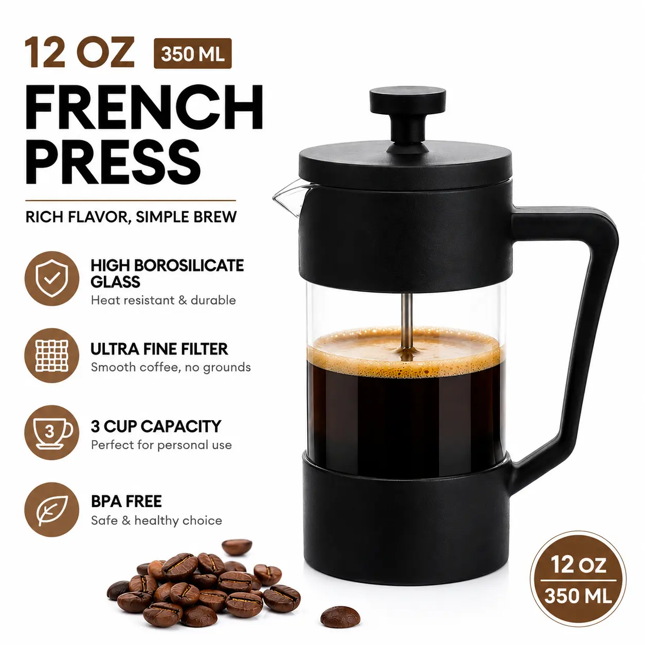 12 oz/350 ml Borosilicate Glass French Press, Single-Serve Coffee & Tea  Maker with Fine Mesh Filter, Heat-Resistant, Easy-to-Clean, Durable for  Home & Office Use, Ideal Gift - TikTok Shop
