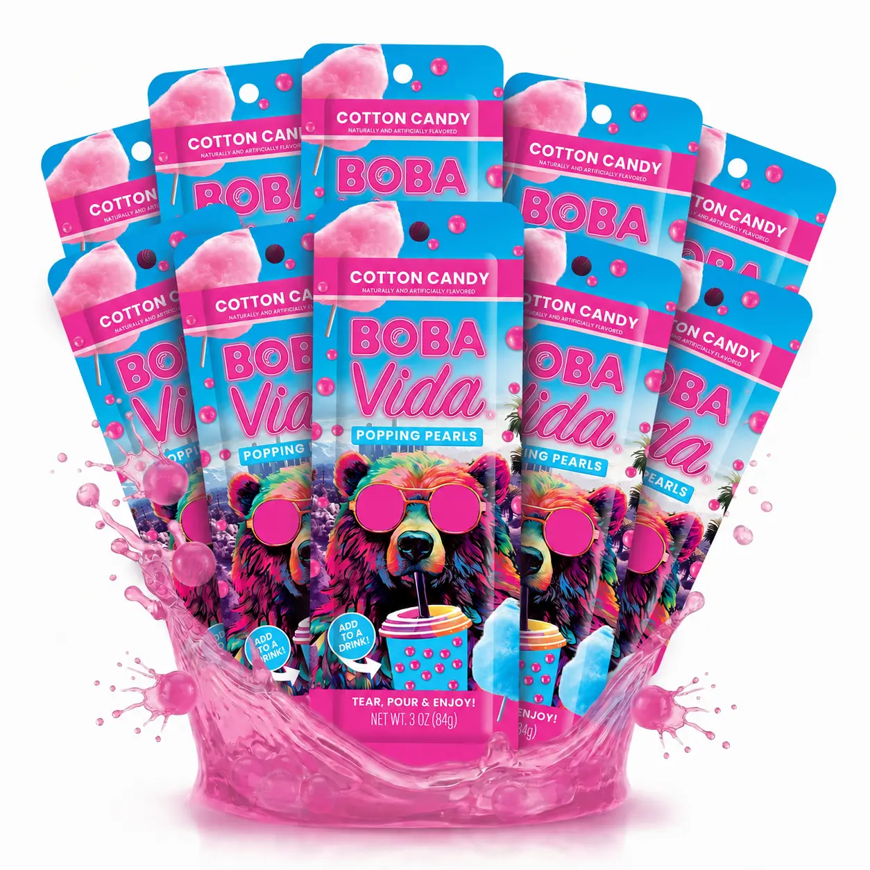Cotton Candy Popping Boba (10 pouches) Bursting Fruit Juice boba Pearls for Beverage Drinks, Bubble teas & Desserts | Vegan, Gluten-Free | Tapioca pearls alternative, Includes Straws