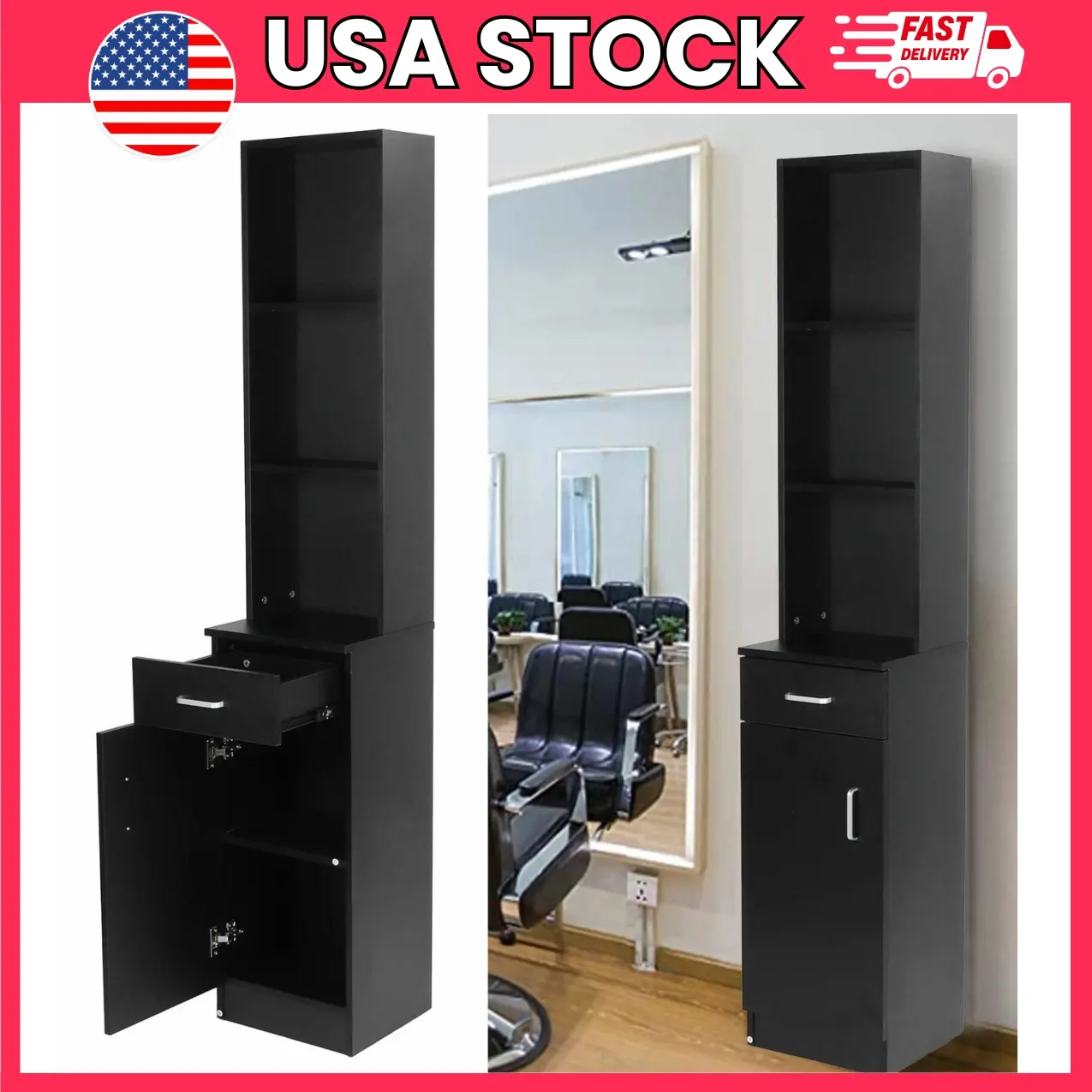 Wall Mount Salon Styling Station, Hair Styling Cabinet with Shelves, Drawer & Storage Cabinet for Barber Shop, Beauty Salon, Spa & Bathroom | salon storage cabinet, barber station, wall mounted cabinet, hair salon furniture, beauty equipment storage