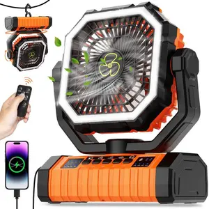 20000mAh long-lasting portable camping fan, USB charging, LED light and remote control; 270° adjustable rotation design; oscillating airflow; cordless for emergencies; lightweight design; suitable for outdoor camping, fishing and hiking; camping accessory