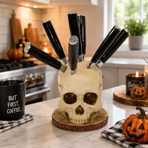 Kitchen Storage Skull Knife Holder（No knives included）, Skeleton Head Knife Block, Halloween Horror Decor, Small Knife Rack, Scary Party Storage (No knives) Kitchenware Gothic, kitchen organization, kitchen decor, timesavers