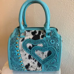 Mini tooled hearts Speedy Bag Western Leather Top Handle Purse Hair-On Hide Cowgirl Handbag with turquoise Accents