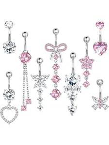 9Pcs 14G Belly Button Bars for Women Belly Button Jewelry Steel Belly Button Piercing Cute Bow Butterfly Heart Flower Dangly Belly Button Bars Dainty Belly Rings Navel Rings Silver/Gold