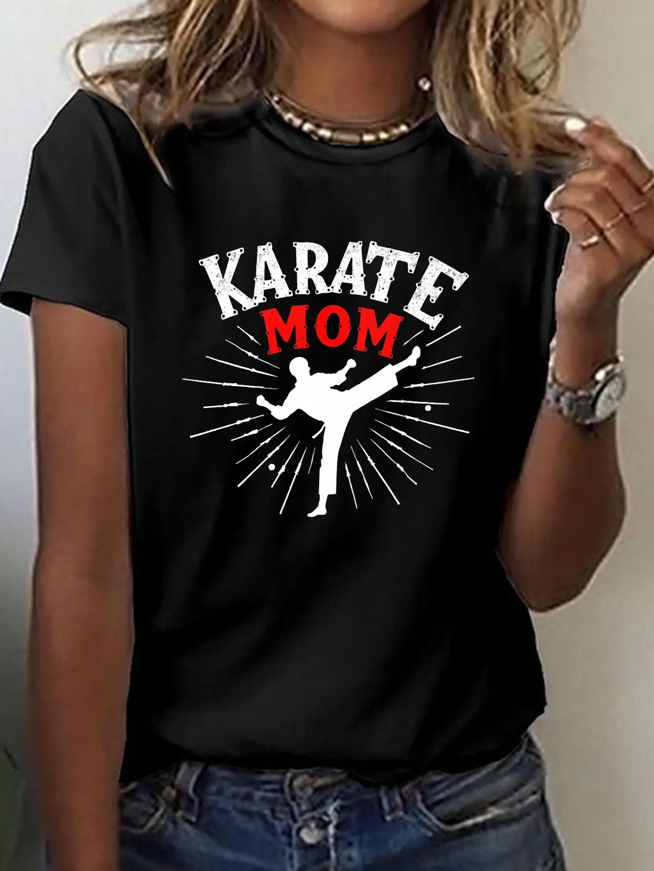 Karate Mom High Kick Silhouette Print T-shirt, Sho unisex soft cotton short sleeve t shirt, vintage graphic casual tee for men women teens, perfect birthday holiday gift for camping travel gym daily street casual wear