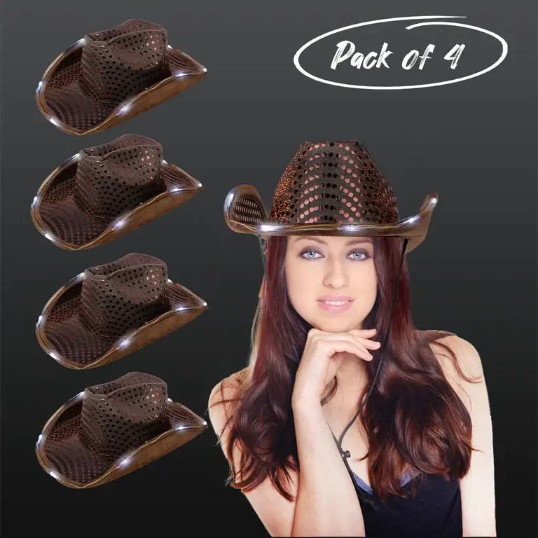 LED Light Up Flashing Sequin Cowboy Hat - Pack of 4 Hats