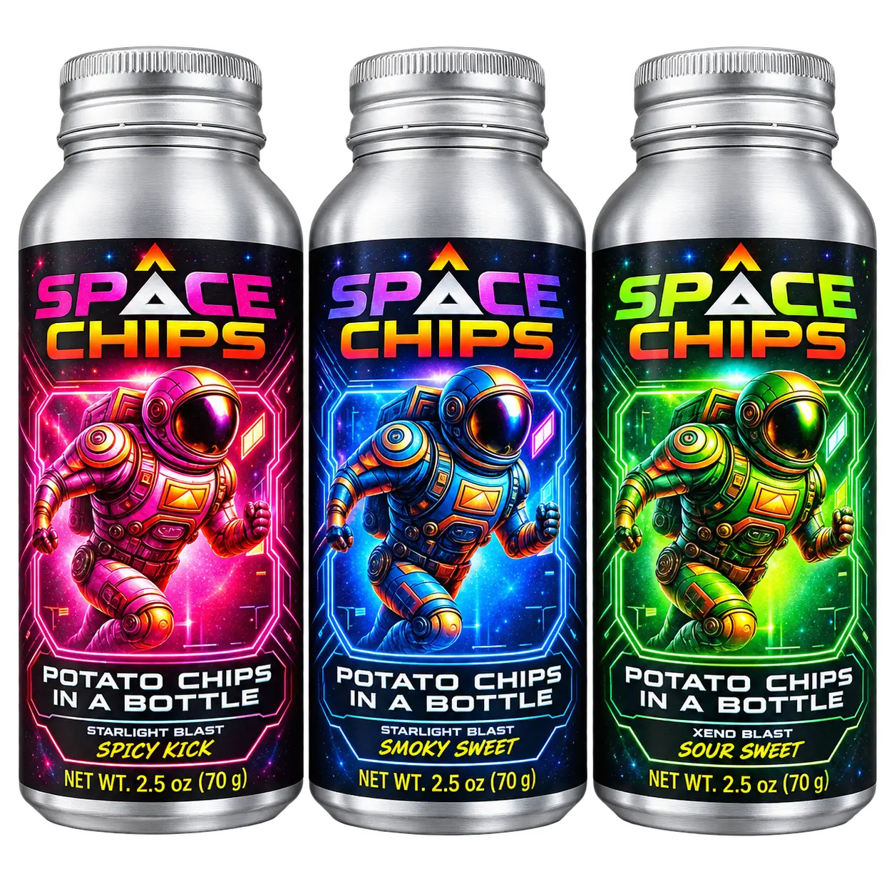 Space Chips Futuristic Ambient Fried Potato Chips (3 Bottles) - Aluminum Bottle Packaging, No Plastic Bags, Cholesterol-Free, Cleaner Taste, Bold Crunch, No Greasy Fingers, Easy-Pour Snack, Ideal for Gaming, Road Trips