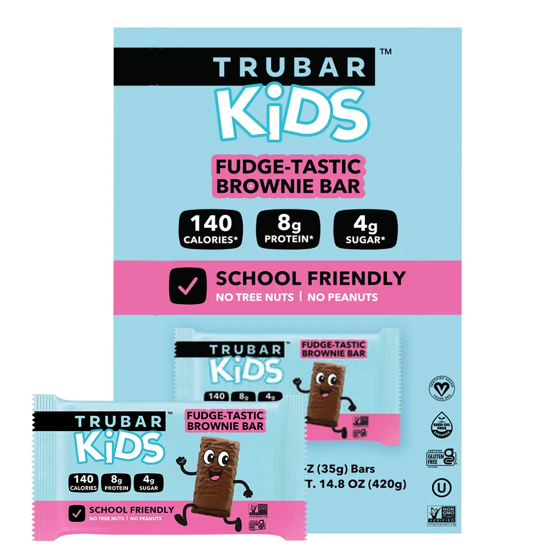 TRUBAR KiDS Vegan Protein Bar, Fudge-Tastic Brownie Bar, Gluten Free, Plant Based Protein, Dairy Free, Non GMO, Soy Free, No Sugar Alcohols, 12 count Snack