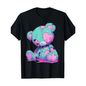 Soft Pastel Goth Teddy Bear Graphic Tee - Black with Turquoise & Pink Accents - Gothic Kawaii Zombie Bear Shirt - Heavyweight 220gsm Cotton Crewneck - Unisex Vintage Goth Clothing for Women & Men - Machine Washable Everyday & Halloween Outfits, Casual Wea