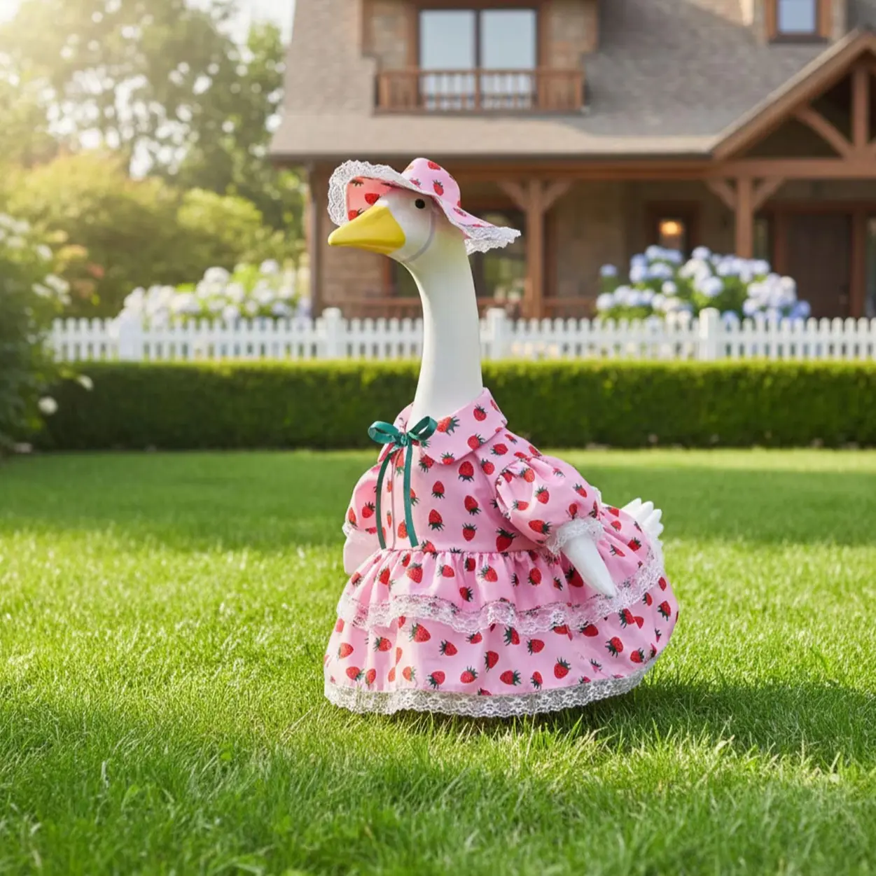 Spring Summer Porch Decor Goose Costume Set, 23 Inches, Country Style Maid Dress, Strawberry Floral Dress, Lace Garden Goose Doll, Lace Detailing, Decoration