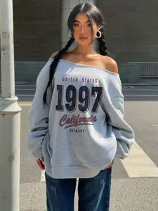 Women's Asymmetrical Shoulder Pullover Sweatshirt with 1997 Number and California Letter Print, Casual Fitted Style for Young Women