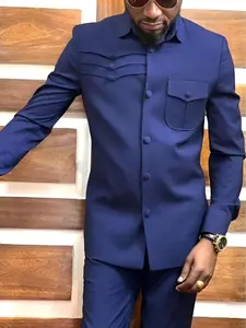Men's Business 2-Piece Set, Collared Shirt with Pockets, Button Decor, Split Hem, Waist Drawstring Pants, All Seasons, Party, Commute, Wedding