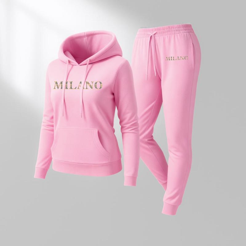 Women's MILANO Print Hoodie And Drawstring Track Pants Set, Casual Sportswear, Long-Sleeved Hooded Jacket And Pants, Suitable For Autumn And Winter, Everyday Wear, Indoor And Outdoor Sportswear, Casual Sportswear.