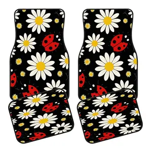 4-Piece Daisy & Ladybug Print Car Mat Set, Universal Fit Car Floor Mats, Full Coverage Car Interior Accessories, Crystal Velvet Vehicle Mats, Automotive Floor Mats