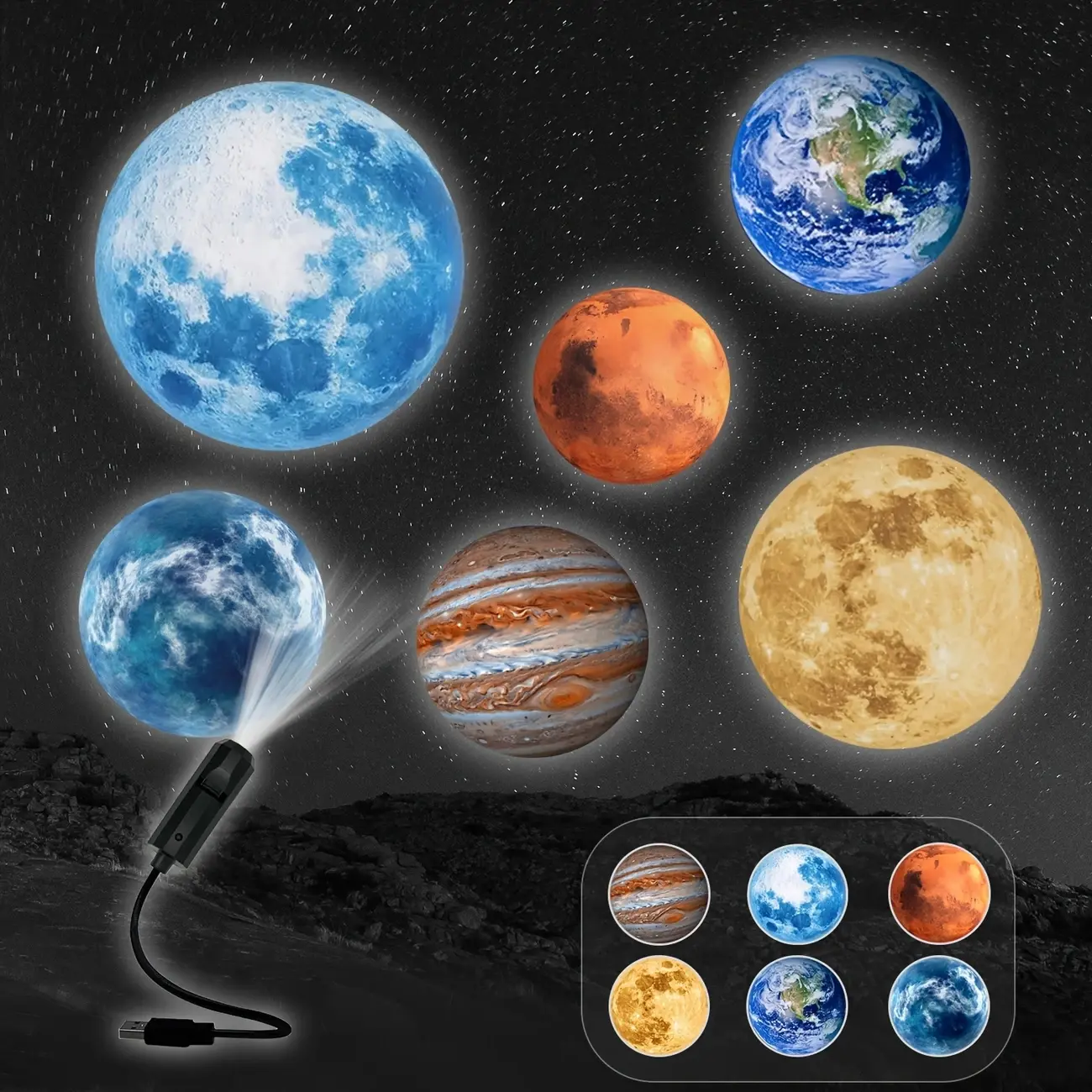 Planet and Moon Projector, 6 Planet Pictures Replacement, Night Light Projection Lamp, Decorative Lights, 360 Degrees Rotatable, Gift for Others, Room Decoration, Photo Background, Wall Ceiling Decoration, Aurora Projector Lamp