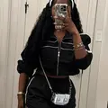 Women's Sporty Stand Collar Zipper Long Sleeve Crop Top with Drawstring Hem, Colorblock Windproof Two Piece Tracksuit, Athleisure Outfits, Sporty Casual Set