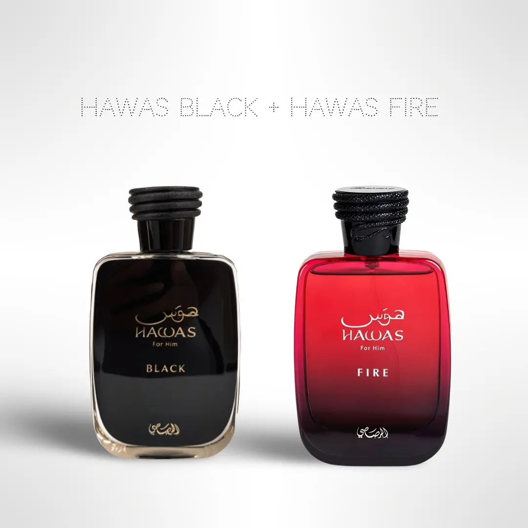 Hawas Black + Hawas Fire Duo by Rasasi – 2 x 100ml (3.4 Fl Oz) Eau de Parfum for Men