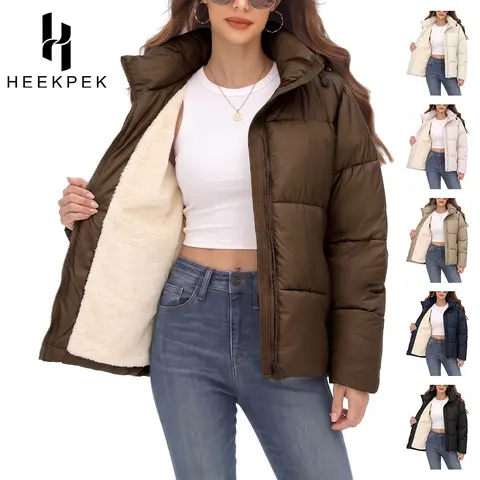 HEEKPEK Women's Long-Sleeve Short Puffer Jacket - Light, Comfortable, Fit, Water-Repellent, Windproof Winter Outerwear with Faux Fur Lining, Detachable Hood, Adjustable Drawstring for 2026 Fall Outdoor Use