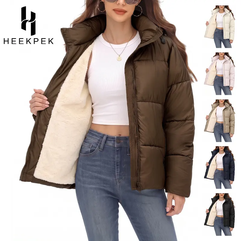 HEEKPEK Women's Long-Sleeve Short Puffer Jacket - Light, Comfortable, Fit, Water-Repellent, Windproof Winter Outerwear with Faux Fur Lining, Detachable Hood, Adjustable Drawstring for 2026 Fall Outdoor Use