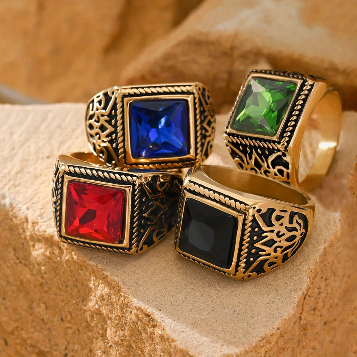Men's High-Quality Square Stainless Steel Rings - Retro Fashion, Exquisite Geometric Designs, Lab Grown Diamonds Costume Jewelry, Men's Jewelry, Alternative Artistic, Avant-Garde Metallic, Chunky Style, Gold Rhinestone Accessories, Alternative Artistic Ri