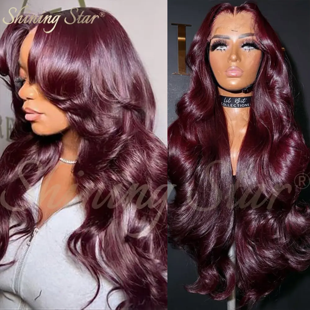 Shining Star 13x4 Size HD Lace Frontal Wig, Dark Burgundy 99J Red Heat Resistant Human Hair with Wave Texture, Transparent Lace Option for Black Women, 16-34 Inches