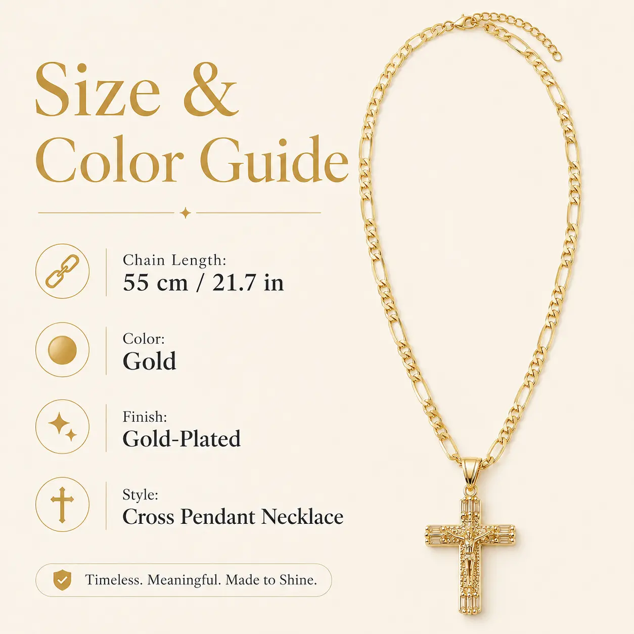 Women's Gold Plated Figaro Chain Cross Necklace, 55cm Spiritual Religious Jewelry with Crucifix Cross Pendant, Elegant Female Daily Wear Casual Gift, Chain Jewelry Necklaces