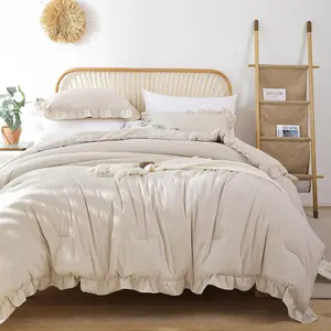 Queen Size Comforter Beige Ruffle Comforter for Queen 3PCS (1 Off White Comforter and 2 Pillowcases) Vintage Fluffy for
