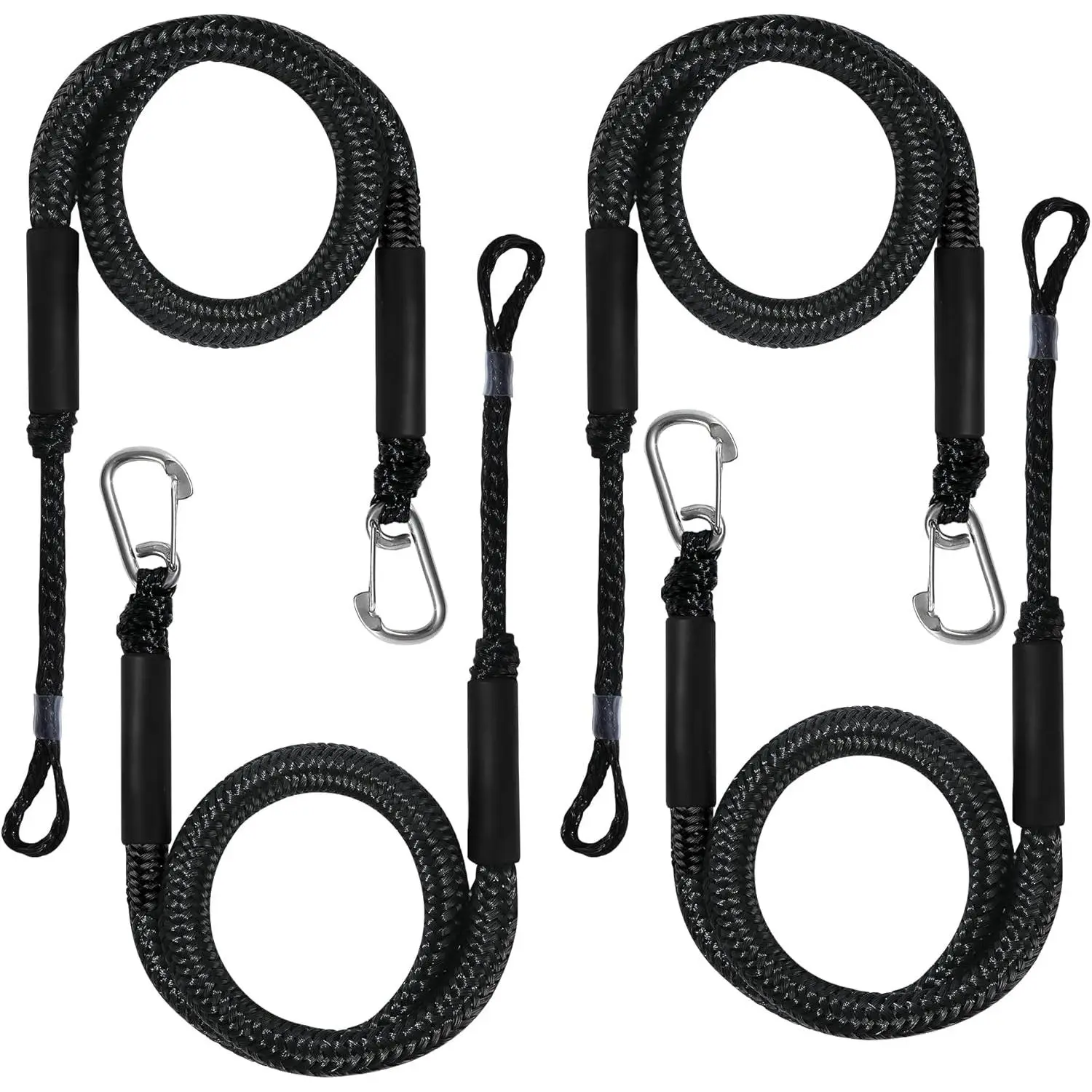 4-Pack Boat Bungee Dock Lines, Shockproof PE Braided Mooring Ropes with Stainless Steel Clip-On Attachments, 4FT-6FT Stretchable Lines for PWCs, Adjustable Loop, Floating Foam Ends & Handles, Black Boat Accessories