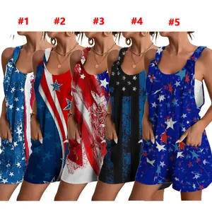 Women Casual American Flag Print Short Overalls, Adjustable Knot Strap Sleeveless Romper Jumpsuit with Pockets, Fashion Independence Day Patriotic Outfit Summer Lightweight Polyester Shorts Jumpsuit