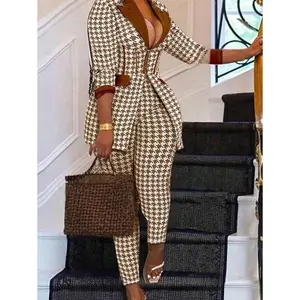 Women’s Houndstooth Print Long Sleeve Blazer and Pants Elegant Two-Piece Set Fashionable Pink Striped Shirt Set Fancy Two-Piece Sets Men Men Two-Piece Outfit