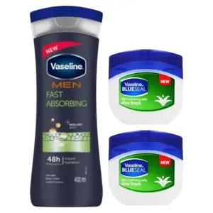 Vaseline Men Fast Absorbing Body Lotion 400ml & 2 Aloe Fresh Jelly 100ml for Instant Hydration Skin Care