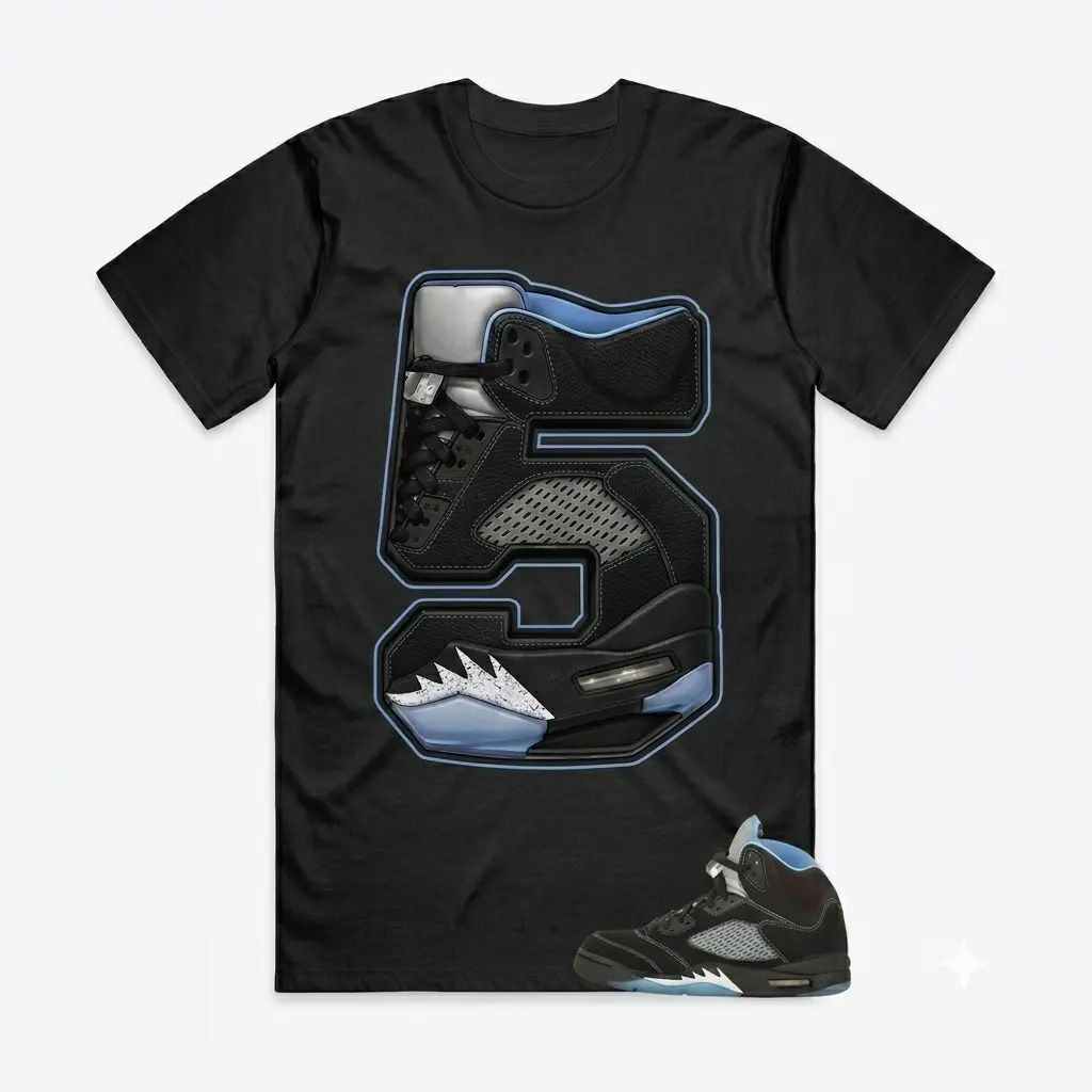 Number 5 AJ5 Black Uni Blue White Matching Shirt | 90s Vintage Hip Hop T-Shirt | Retro Sneakerhead Apparel for Men & Women | Unisex Gift Shirt Menswear Sleeves Classic