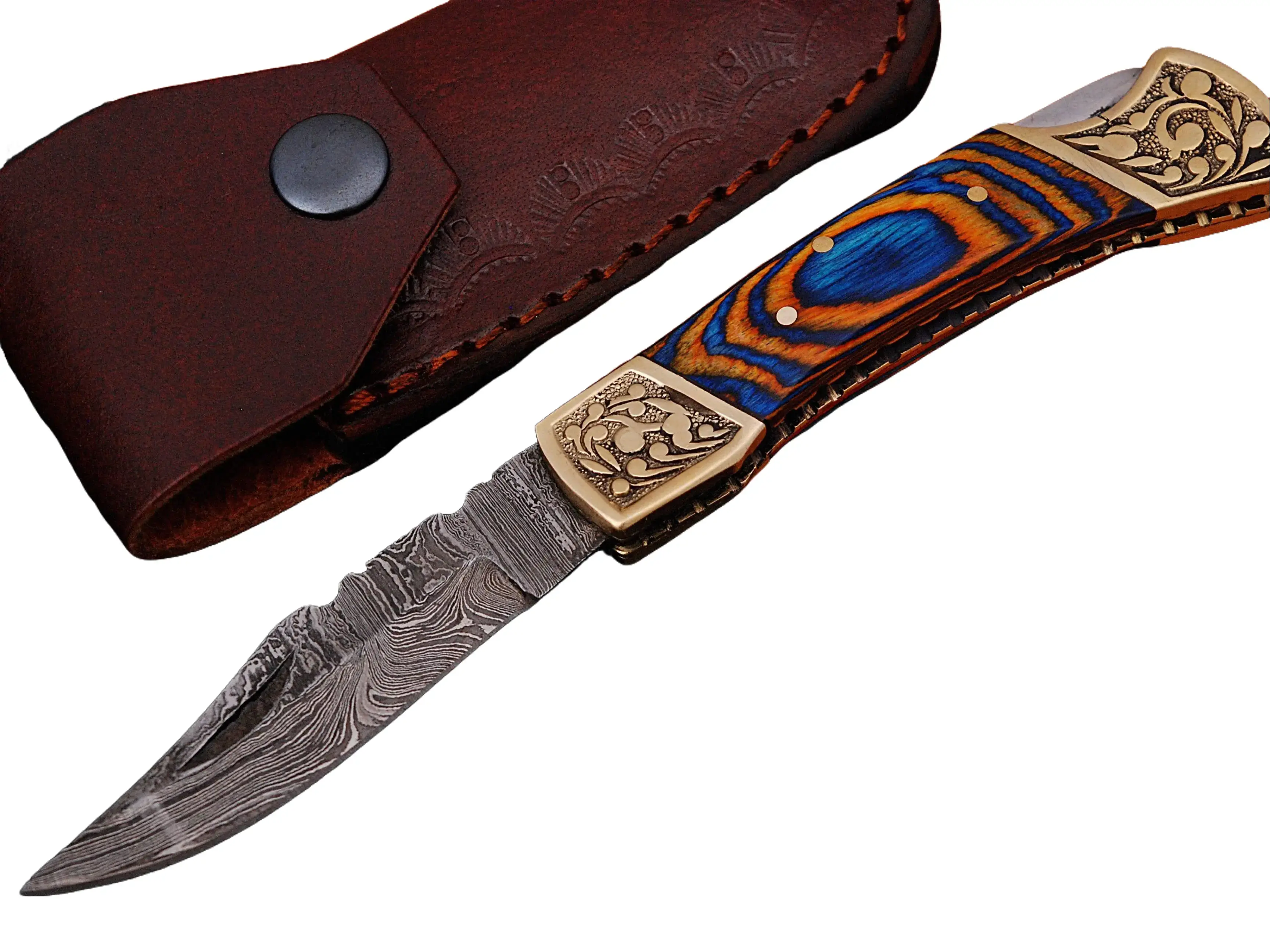 Hand Forged Damascus Steel Folding Blade PocketKnife outdoor Farmer rancher Cowboys Tool