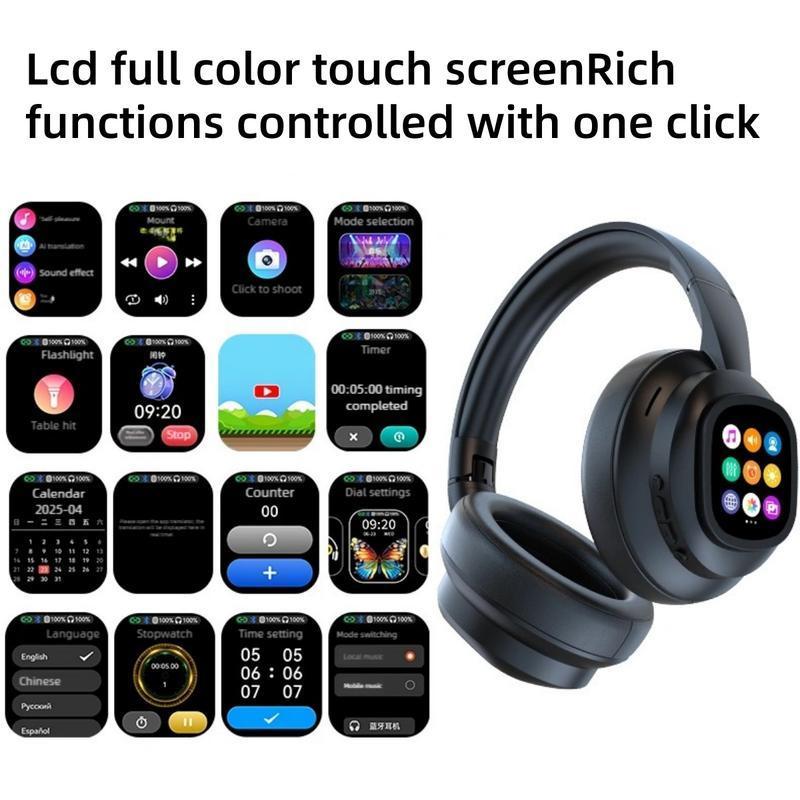 Wireless Bluetooth 6.0 over-ear headphones, featuring an LCD touchscreen, noise cancellation, customizable wallpapers, and multiple sound effects – suitable for both men and women, and easy to carry.