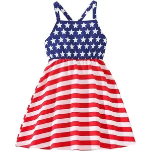 Girls 4th of July Outfit American Flag Dress Crisscross Back Red White and Blue Patriotic Dresses