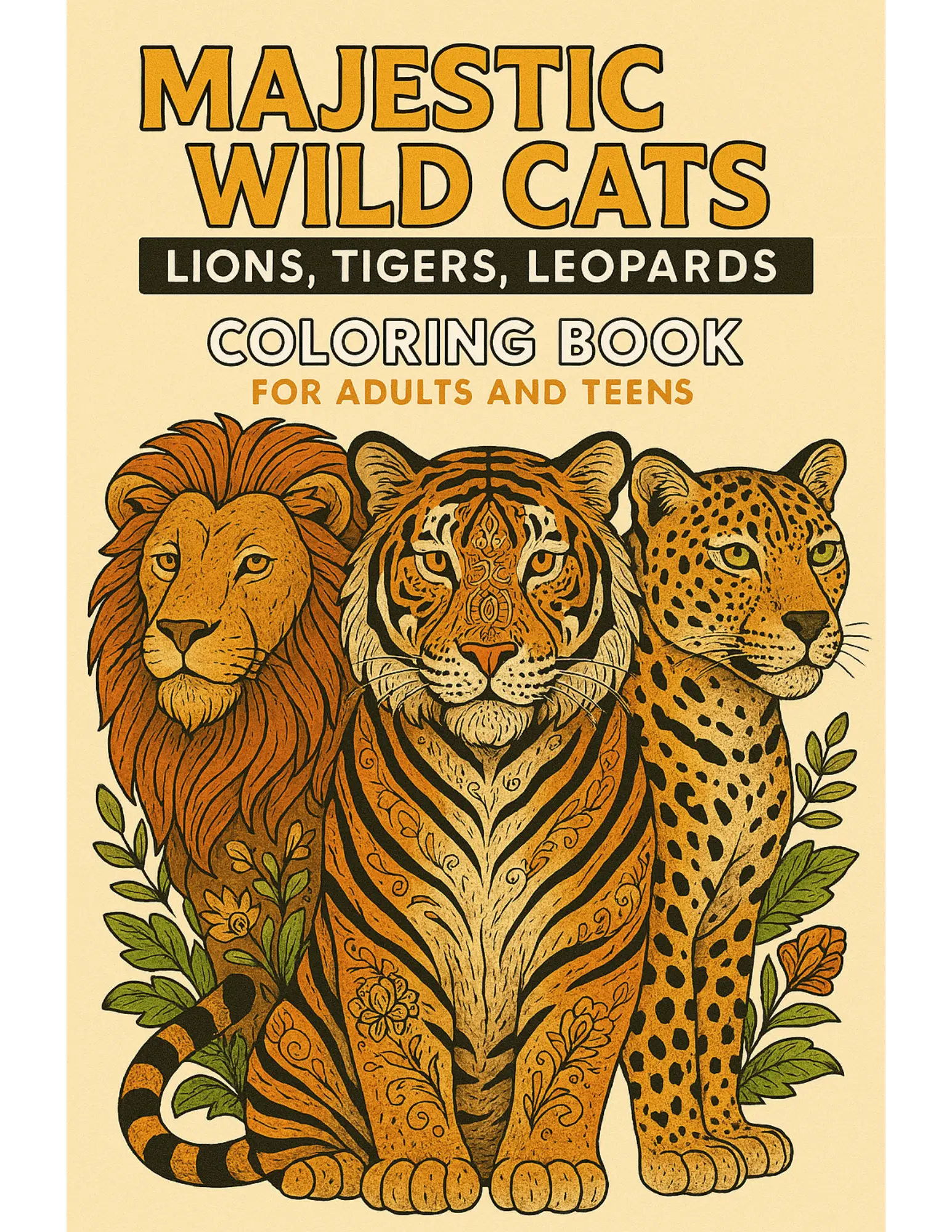 Majestic Wild Cats Lions, Tigers, Leopards Coloring Book Sheets For Adults and Teens