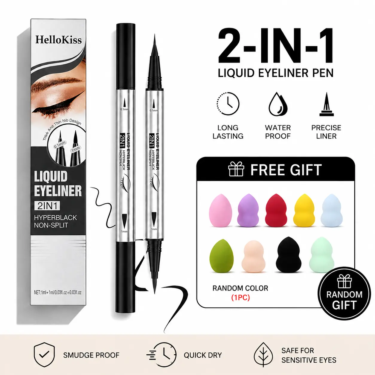 HelloKiss 2-in-1 Liquid Eyeliner Pen Hyperblack Non-Split Long Lasting Waterproof Precise Liner Smudge Proof Quick Dry Safe for Sensitive Eyes