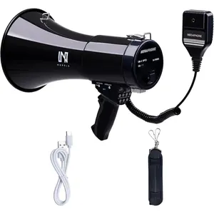 50W Rechargeable Megaphone Bullhorn Speaker with Siren and 260s Recording, Supports BT, TF, AUX Input and Power Display, Come with Strap and Type-C Cable, for Police, Rescue (Black)