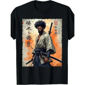 100% Made in USA, 180g Vintage African Samurai Afro American Bushido Warrior Katana T-Shirt