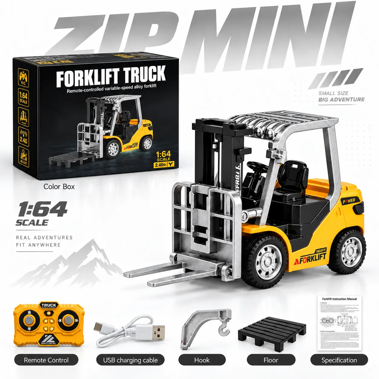 1:64 Alloy Metal Mini RC Forklift Truck, App + Remote Control Desktop Fidget Toy with Realistic Sound, Rear Steering, USB-C Rechargeable Micro Construction Vehicle for Construction Play, Ages 12+, Includes Cells, Office Desk Gadget Gift