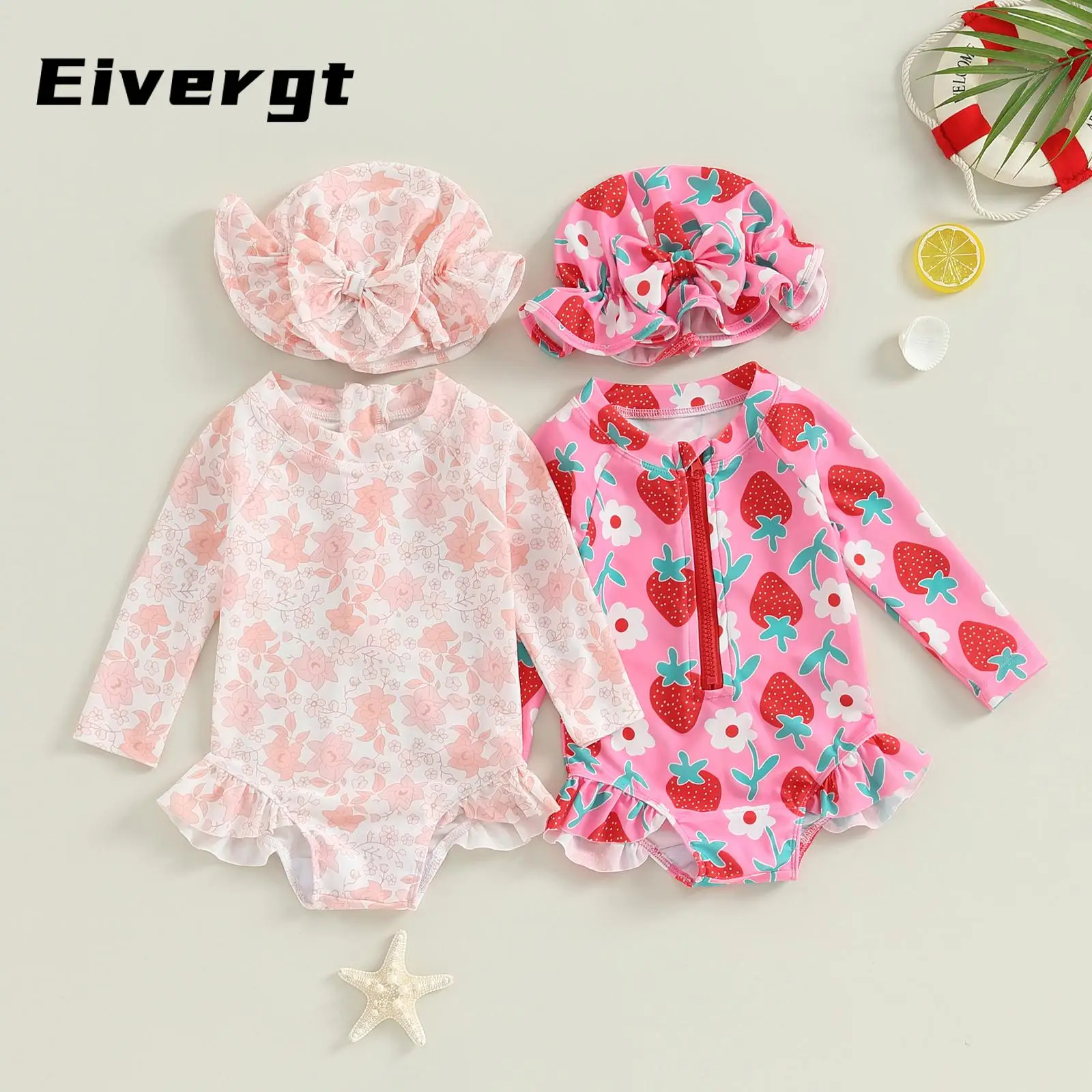 Baby Girl Swimsuits Summer Floral Print Ruffled Jumpsuit and Swim Cap Set for Toddler Bathing Suits Beachwear
