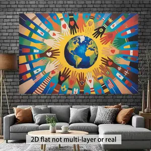 1PC,2D Flat Backdrop World Peace Love Hand Earth Decorative Backdrop, Festival Party Wall Decoration Tapestry, Multicultural Integration Theme Background Wall, Creative Decorative Hanging for Bedroom