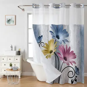 No hooks double-layer shower curtain, Daisy printed waterproof fabric, retro country style home decoration, hotel, dormitory and bathroom accessories, 72x75in