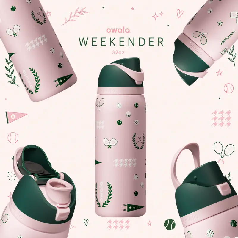 [LIMITED EDITION] Owala Weekender 32oz FreeSip Bottle – Pink Preppy Tennis Aesthetic Insulated Stainless Steel Leakproof Travel Tumbler, Gift for her