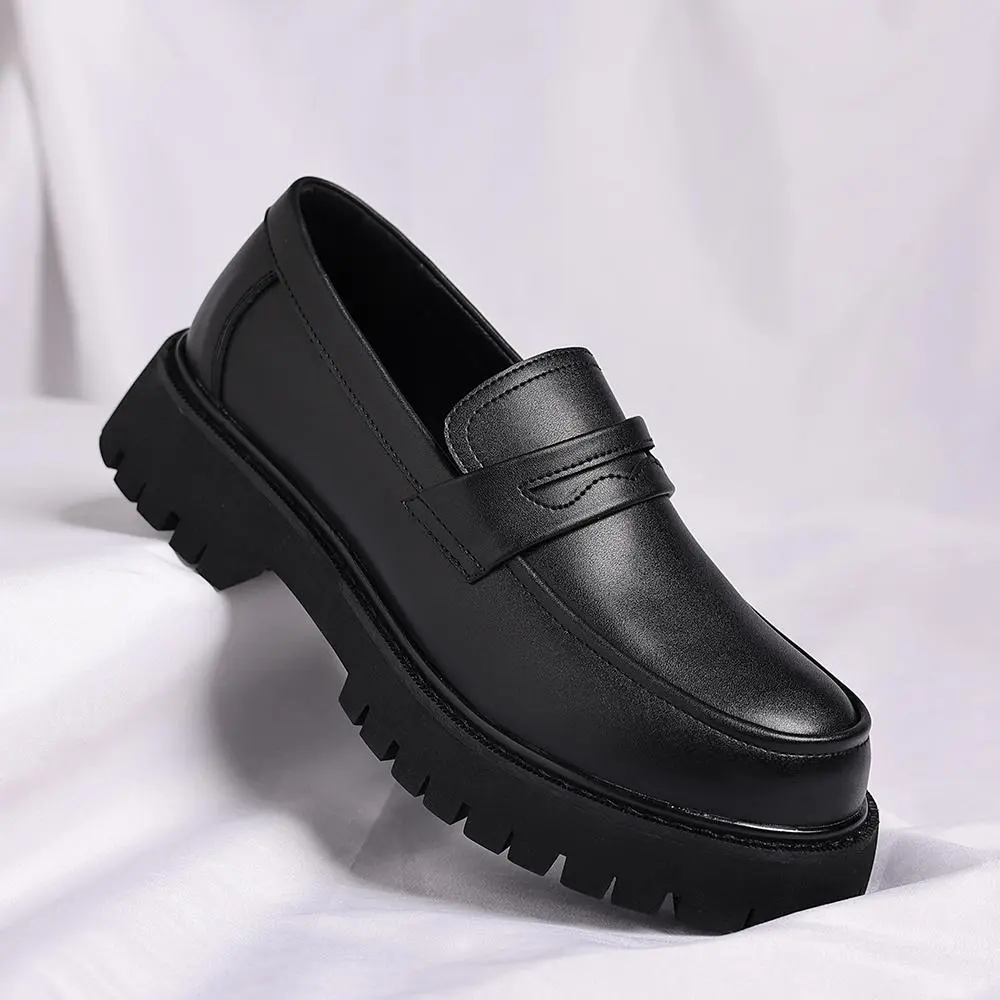 Men's Classic Leather Penny Loafer Footwear - Chunky Platform Slip-Ons, Round Toe, Lug Sole Walking Shoes for Business Casual & Formal Work Wear, Loafers, Office Commuting Shoes, Real Leather Shoes